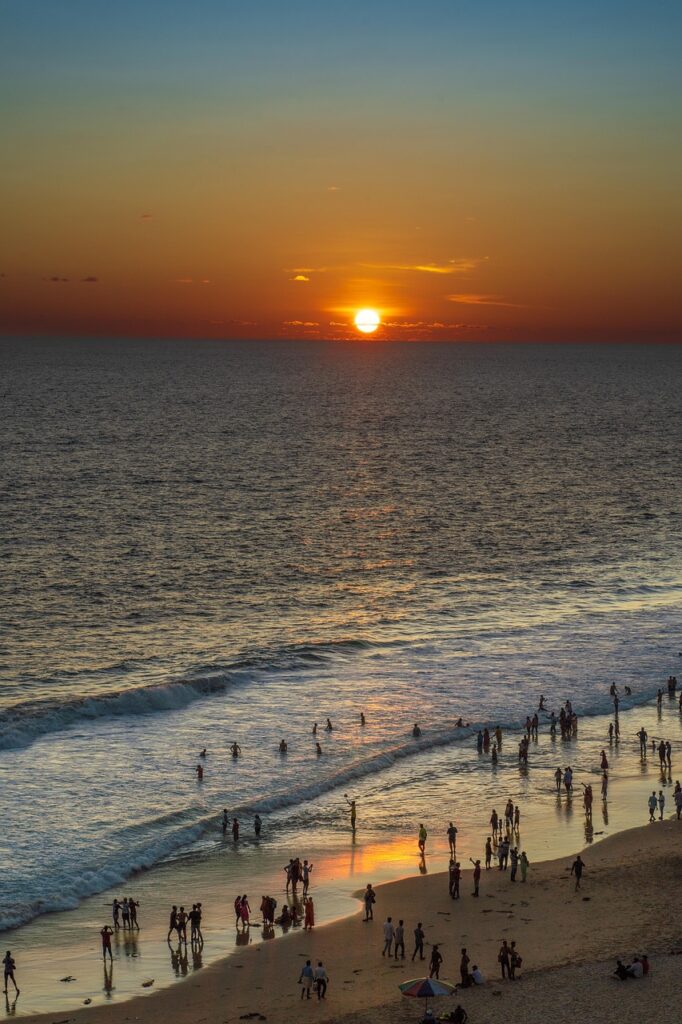 beach, sea, sunset, coast, people, tourism, crowd, golden sunset, water, sand, coastline, seashore, waves, horizon, seascape, scenery, nature, evening, kerala, kerala tourism, varkala